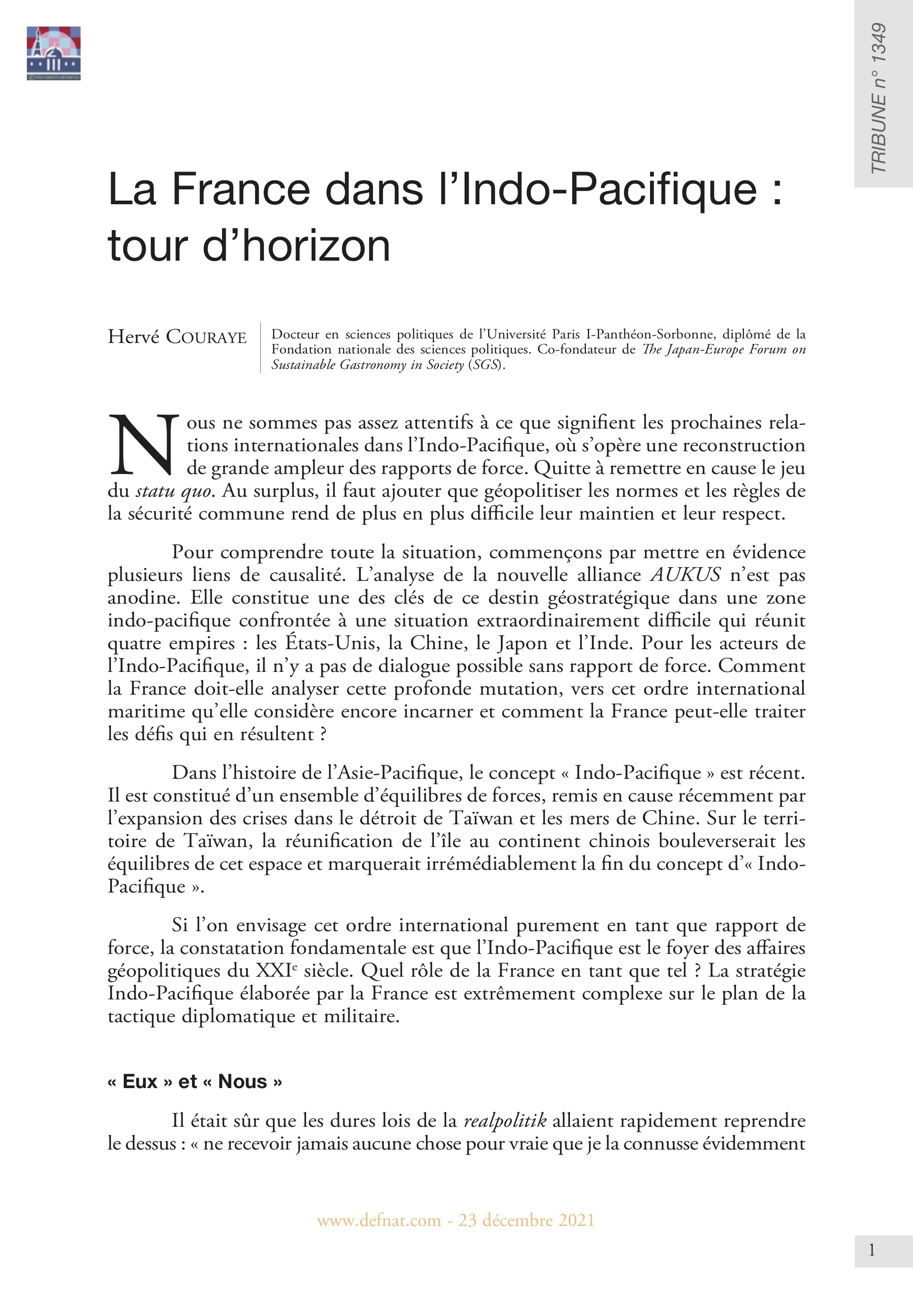 La France dans l’Indo-Pacifique : tour d’horizon (T 1349)
